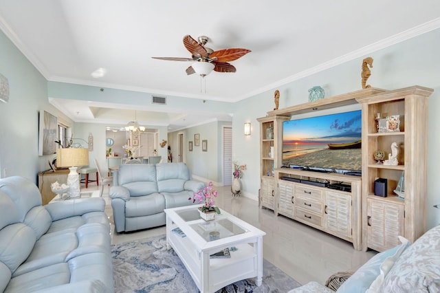 living area featuring ornamental molding, a chandelier, ceiling fan, and baseboards