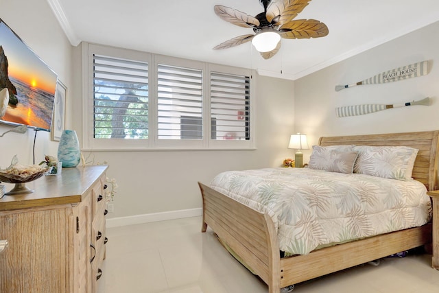 bedroom featuring baseboards, ornamental molding, light tile patterned floors, and ceiling fan