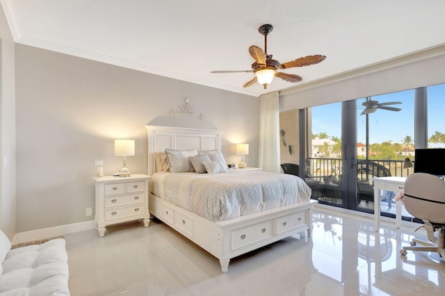 bedroom with multiple windows, access to exterior, french doors, crown molding, and baseboards