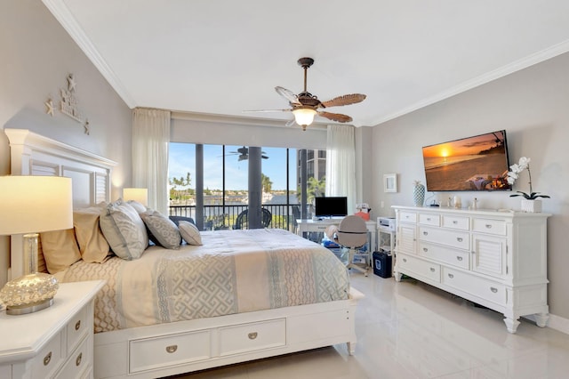 bedroom featuring access to outside, crown molding, a ceiling fan, and baseboards