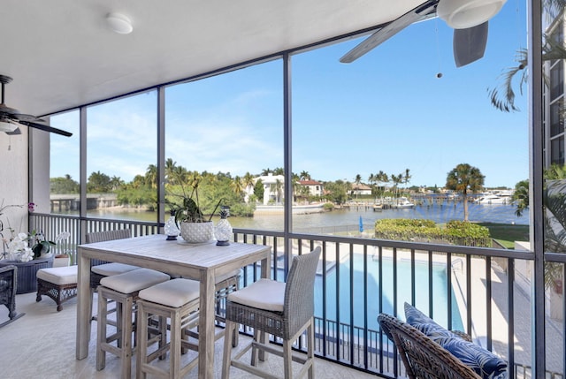 sunroom / solarium with a water view