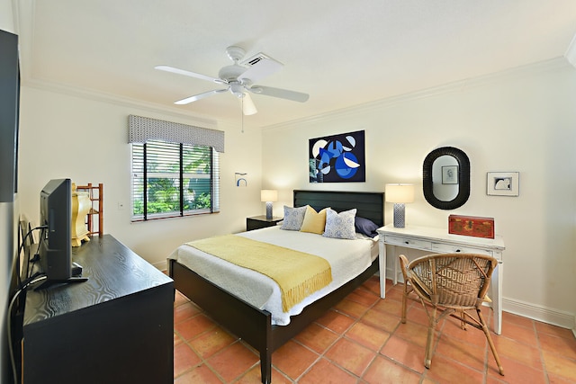 1228 George Bush Blvd Unit 4, Delray Beach, FL 33483 - bedroom featuring crown molding, tile patterned flooring, baseboards, and ceiling fan