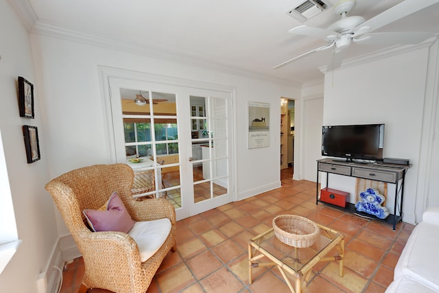 1228 George Bush Blvd Unit 4, Delray Beach, FL 33483 - living room with ceiling fan, crown molding, baseboards, and french doors