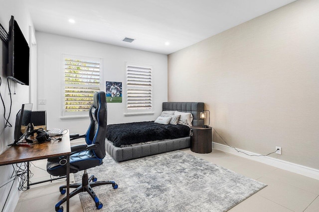 bedroom featuring a desk, baseboards, recessed lighting, and tile patterned flooring