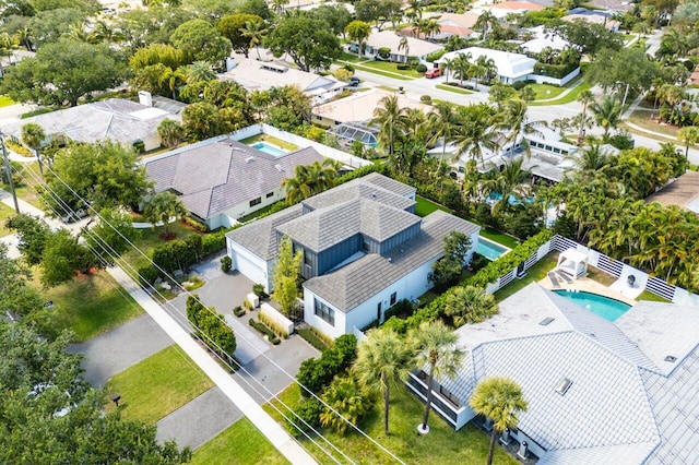 aerial perspective of suburban area with a pool area
