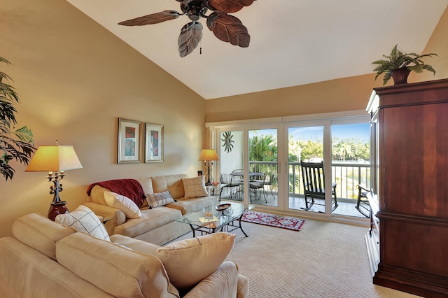 212 Cypress Point Dr, Palm Beach Gardens, FL 33418 - carpeted living room with high vaulted ceiling and ceiling fan