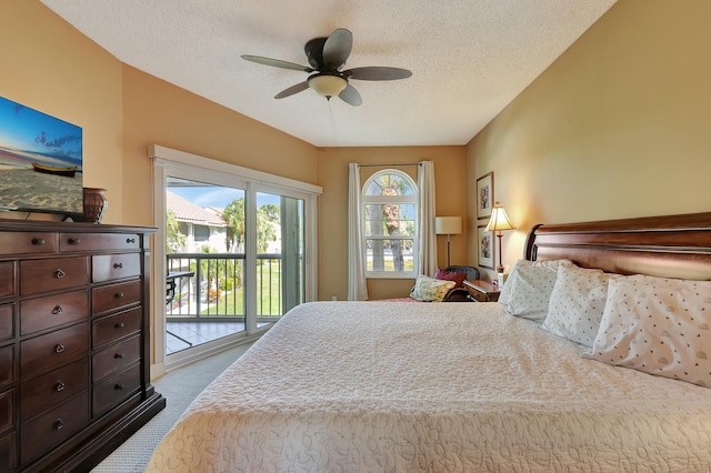 212 Cypress Point Dr, Palm Beach Gardens, FL 33418 - bedroom featuring access to outside, carpet flooring, a textured ceiling, and ceiling fan