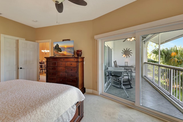 212 Cypress Point Dr, Palm Beach Gardens, FL 33418 - carpeted bedroom featuring access to outside, a chandelier, baseboards, and ceiling fan