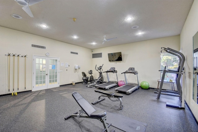 2070 Homewood Blvd Unit 1115, Delray Beach, FL 33445 - gym featuring a ceiling fan, recessed lighting, french doors, a textured ceiling, and baseboards