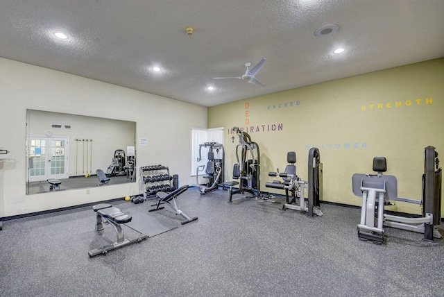 2070 Homewood Blvd Unit 1115, Delray Beach, FL 33445 - exercise room with a textured ceiling, ceiling fan, and recessed lighting