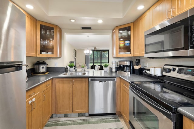 2070 Homewood Blvd Unit 1115, Delray Beach, FL 33445 - kitchen with appliances with stainless steel finishes, a sink, glass insert cabinets, recessed lighting, and dark countertops