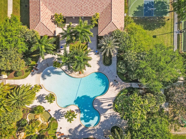 drone / aerial view of a pool