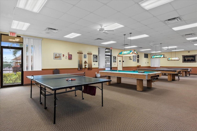 3477 Christopher St Unit 3477, West Palm Beach, FL 33417 - playroom with carpet floors, a drop ceiling, pool table, and a ceiling fan