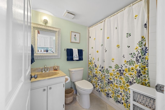 full bath with toilet, tile patterned flooring, vanity, and a shower with curtain