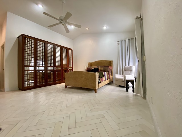 bedroom with baseboards, vaulted ceiling, recessed lighting, ceiling fan, and a textured wall