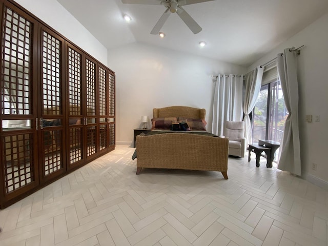 living area with a ceiling fan, lofted ceiling, baseboards, and recessed lighting