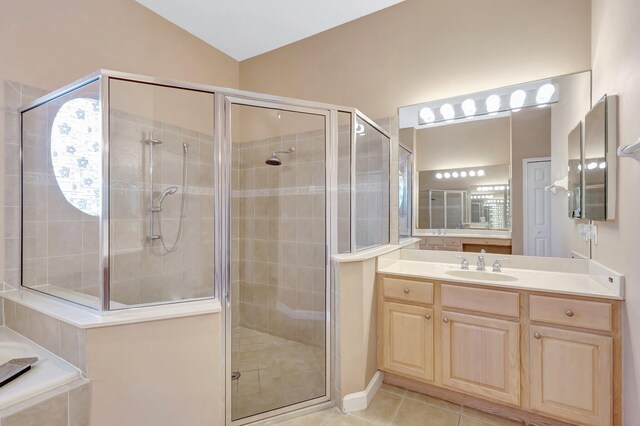 3588 Turtle Island Ct, West Palm Beach, FL 33411 - full bathroom featuring a stall shower, tile patterned flooring, lofted ceiling, and vanity