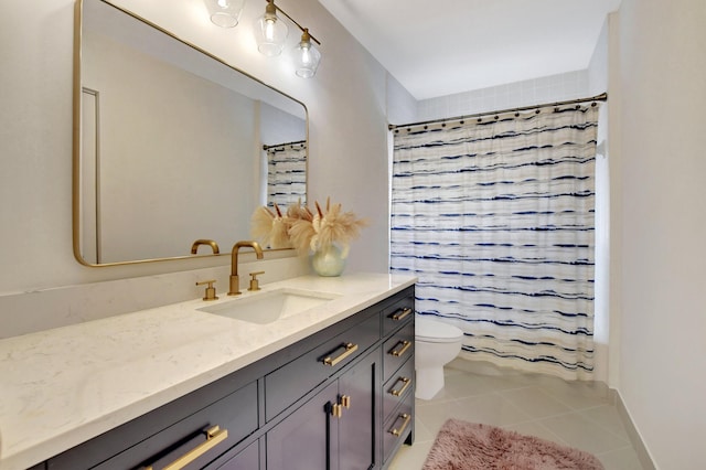 bathroom featuring tile patterned floors, vanity, toilet, and shower / bath combination with curtain