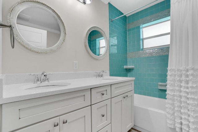 765 Lagoon Dr, North Palm Beach, FL 33408 - bathroom featuring shower / tub combo with curtain and double vanity