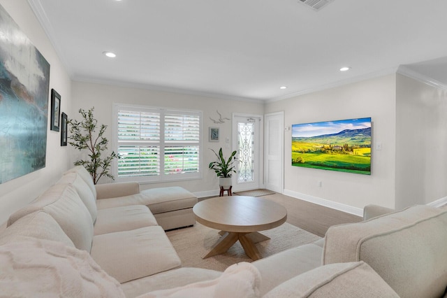 765 Lagoon Dr, North Palm Beach, FL 33408 - living room with wood finished floors, recessed lighting, ornamental molding, and baseboards