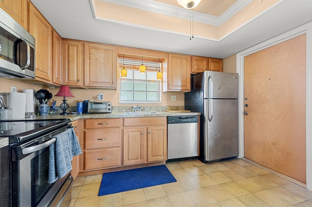 kitchen with stainless steel appliances, a sink, a raised ceiling, light stone countertops, and crown molding