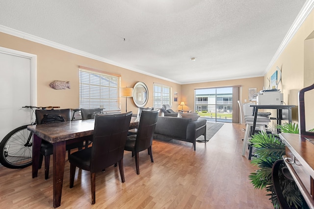 dining room featuring ornamental molding, light wood-type flooring, and a textured ceiling