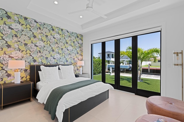 160 Periwinkle Dr, Hypoluxo, FL 33462 - bedroom with a raised ceiling, wallpapered walls, recessed lighting, access to exterior, and a ceiling fan