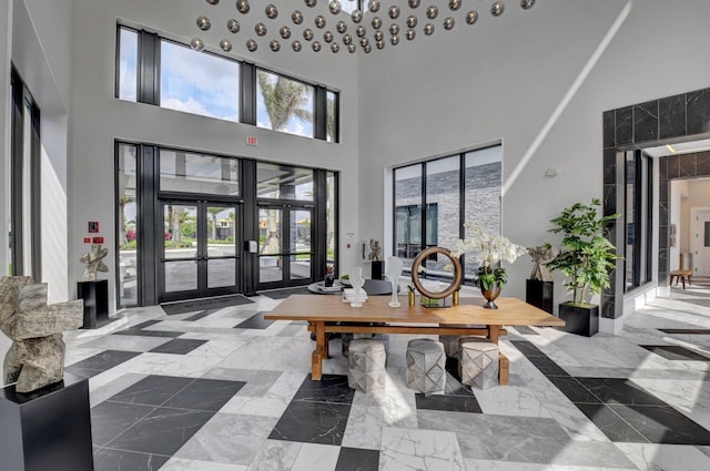 lobby with a towering ceiling