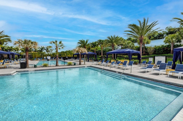 community pool featuring a gazebo, a patio area, and fence