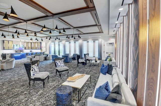 building lobby with coffered ceiling