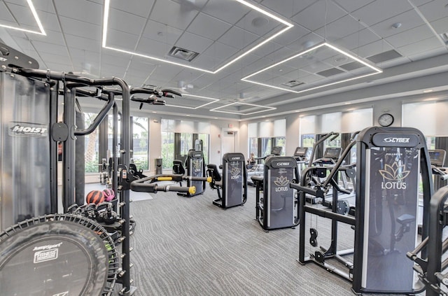 gym with a paneled ceiling and carpet