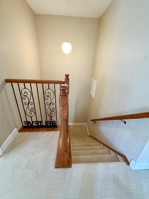 stairs featuring carpet flooring and baseboards