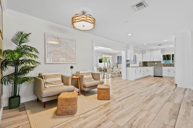 1096 SW 16th St, Boca Raton, FL 33486 - living room featuring crown molding, light wood-style floors, recessed lighting, and baseboards
