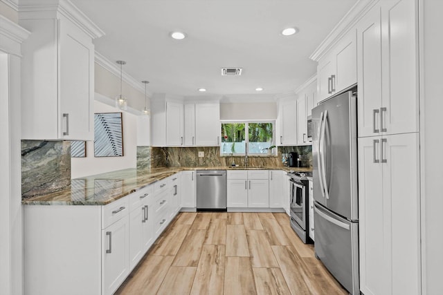 1096 SW 16th St, Boca Raton, FL 33486 - kitchen with stainless steel appliances, white cabinets, stone counters, and recessed lighting