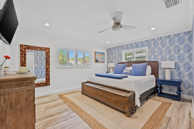 1096 SW 16th St, Boca Raton, FL 33486 - bedroom with wallpapered walls, baseboards, multiple windows, ornamental molding, and recessed lighting