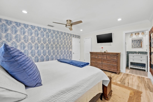 1096 SW 16th St, Boca Raton, FL 33486 - bedroom with wallpapered walls, crown molding, light wood-type flooring, recessed lighting, and a ceiling fan