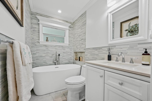 1096 SW 16th St, Boca Raton, FL 33486 - bathroom with a freestanding tub, ornamental molding, vanity, toilet, and decorative backsplash