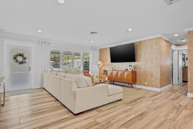 1096 SW 16th St, Boca Raton, FL 33486 - living room featuring ornamental molding, light wood-type flooring, recessed lighting, baseboards, and wood walls