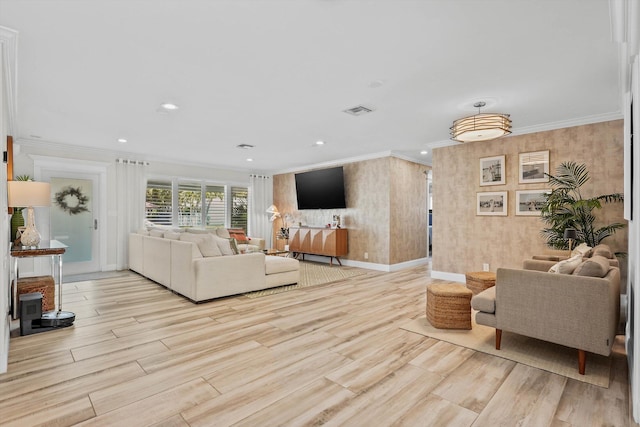 1096 SW 16th St, Boca Raton, FL 33486 - living area featuring ornamental molding, light wood finished floors, baseboards, and recessed lighting