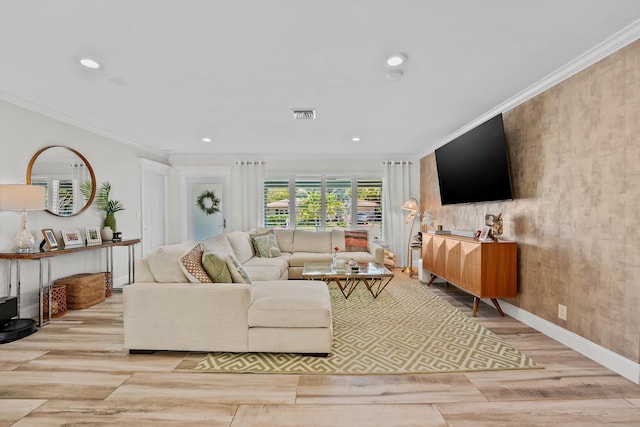 1096 SW 16th St, Boca Raton, FL 33486 - living room with crown molding, baseboards, wood finished floors, and recessed lighting
