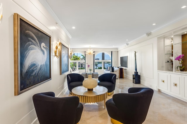 400 S Ocean Blvd Unit R25, Boca Raton, FL 33432 - living area featuring crown molding, recessed lighting, a chandelier, and light marble finish floors
