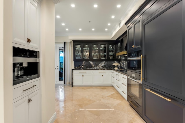 400 S Ocean Blvd Unit R25, Boca Raton, FL 33432 - kitchen with crown molding, backsplash, dark countertops, glass insert cabinets, and recessed lighting