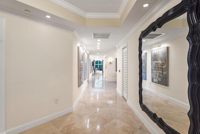 400 S Ocean Blvd Unit R25, Boca Raton, FL 33432 - hallway featuring light marble finish floors, ornamental molding, recessed lighting, and baseboards