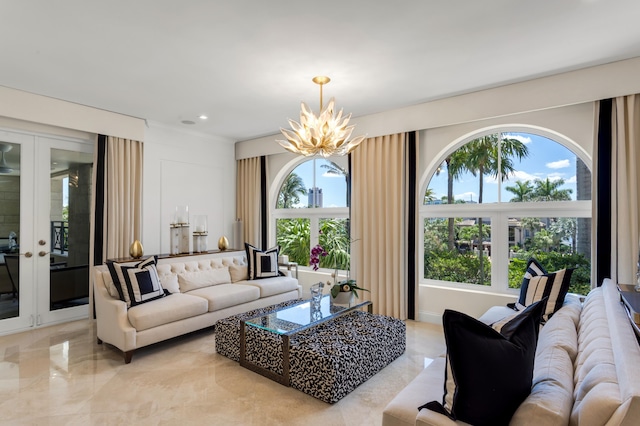 400 S Ocean Blvd Unit R25, Boca Raton, FL 33432 - living room with a chandelier, french doors, and recessed lighting