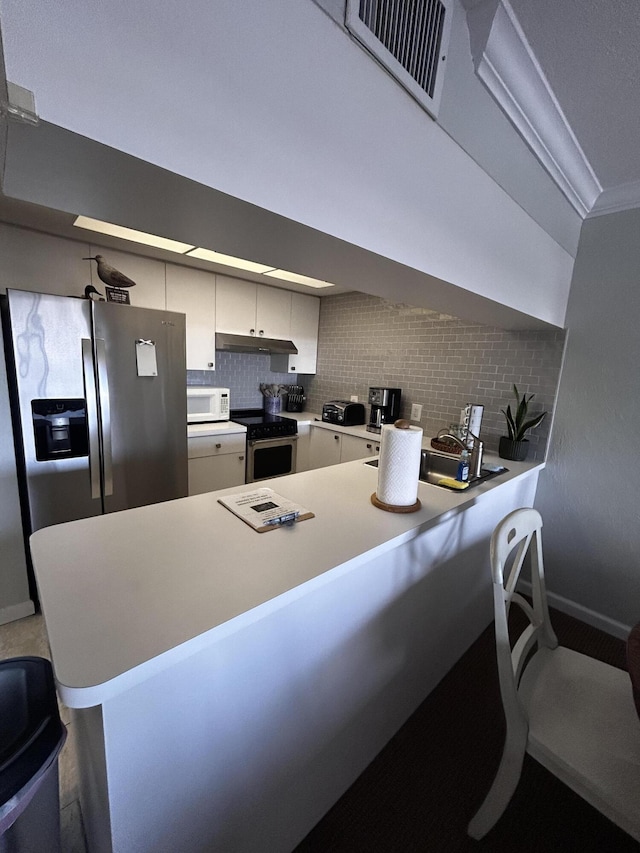 500 N Francisco St Unit 211, Clewiston, FL 33440 - kitchen featuring appliances with stainless steel finishes, a peninsula, under cabinet range hood, tasteful backsplash, and light countertops
