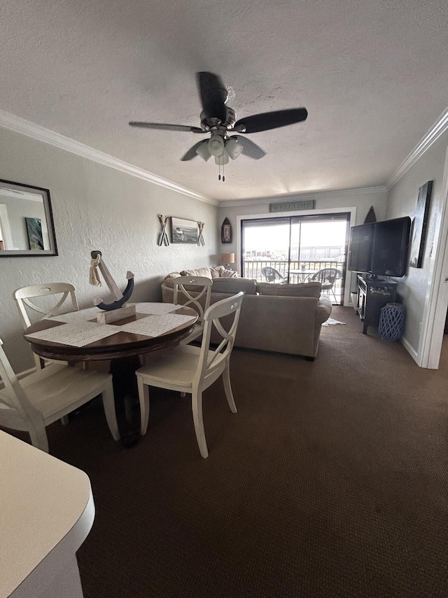 500 N Francisco St Unit 211, Clewiston, FL 33440 - carpeted dining area featuring ornamental molding, a ceiling fan, a textured ceiling, baseboards, and a textured wall