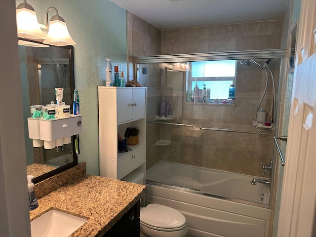 442 Griswold Dr, Lake Worth Beach, FL 33461 - bathroom with a textured wall, enclosed tub / shower combo, vanity, and toilet