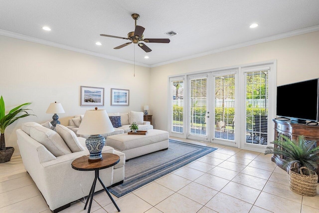 living room featuring recessed lighting, a ceiling fan, light tile patterned floors, crown molding, and french doors