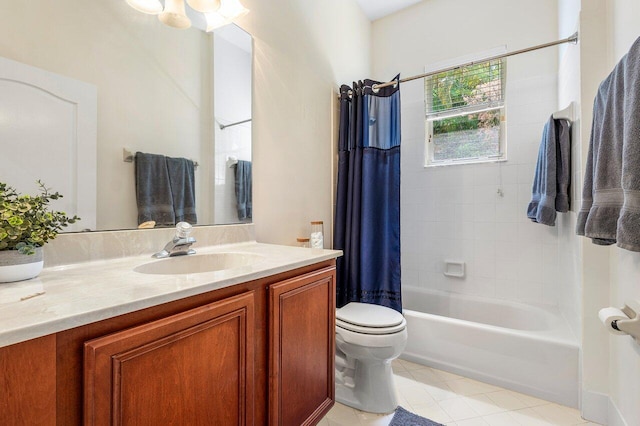 full bath featuring tile patterned flooring, toilet, vanity, and shower / bath combo