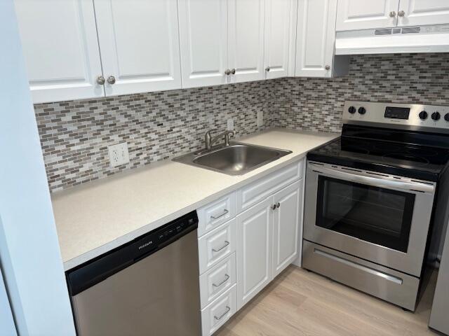 kitchen featuring stainless steel appliances, under cabinet range hood, a sink, and white cabinets